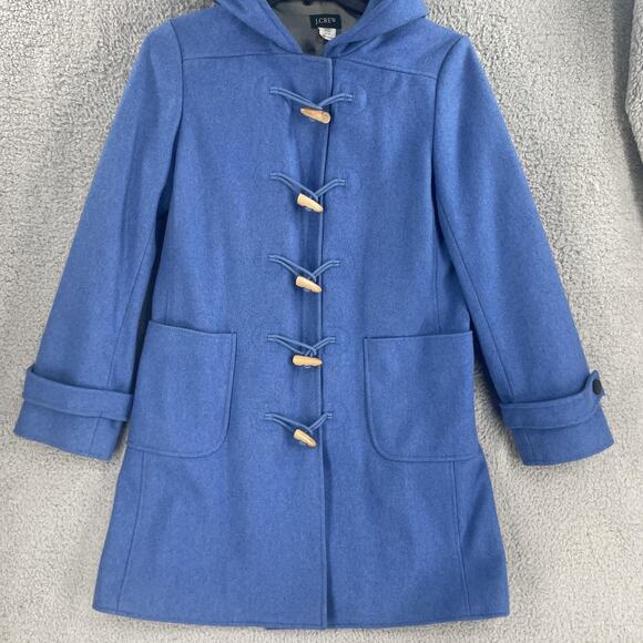 J.Crew Coat Womens Medium Blue Hooded Toggle Duffle Wool Blend Lined Pockets - Picture 6 of 13